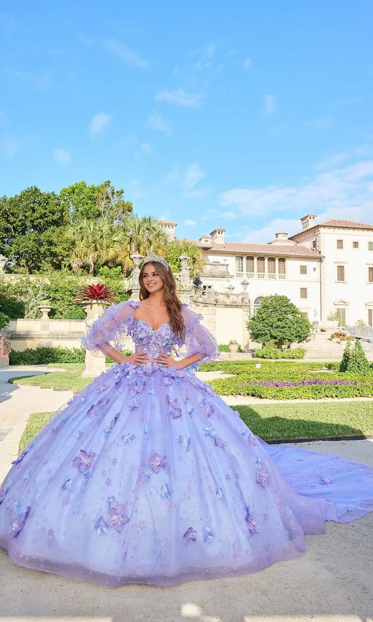 Quyihu Quinceanera Dress Puff Sleeve Glitter Tulle A-line Ball Gown With Sweetheart Neckline And Floral Embellishment Formal Wear Dresses