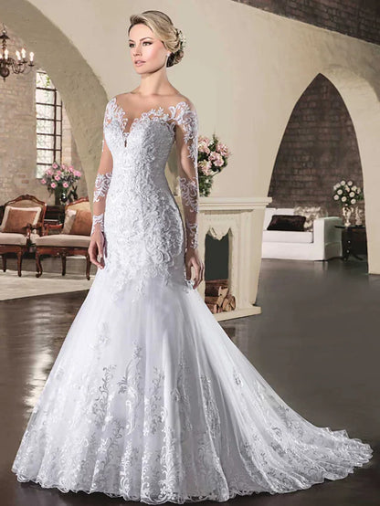 Wedding Dresses Bateau Neck Court Train Lace Tulle Lace Over Satin Long Sleeve Sexy See-Through Backless Illusion Sleeve with Appliques