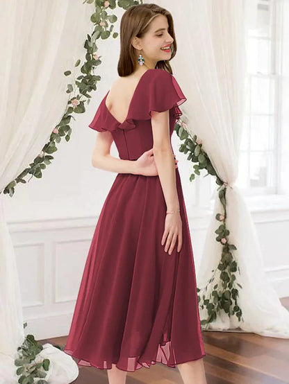 A-Line V Neck Knee Length Chiffon Bridesmaid Dress with Ruching