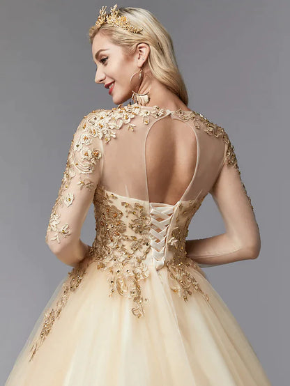 Ball Gown Wedding Dresses Jewel Neck Lace Tulle Long Sleeve Glamorous See-Through Backless Modern with Beading Appliques