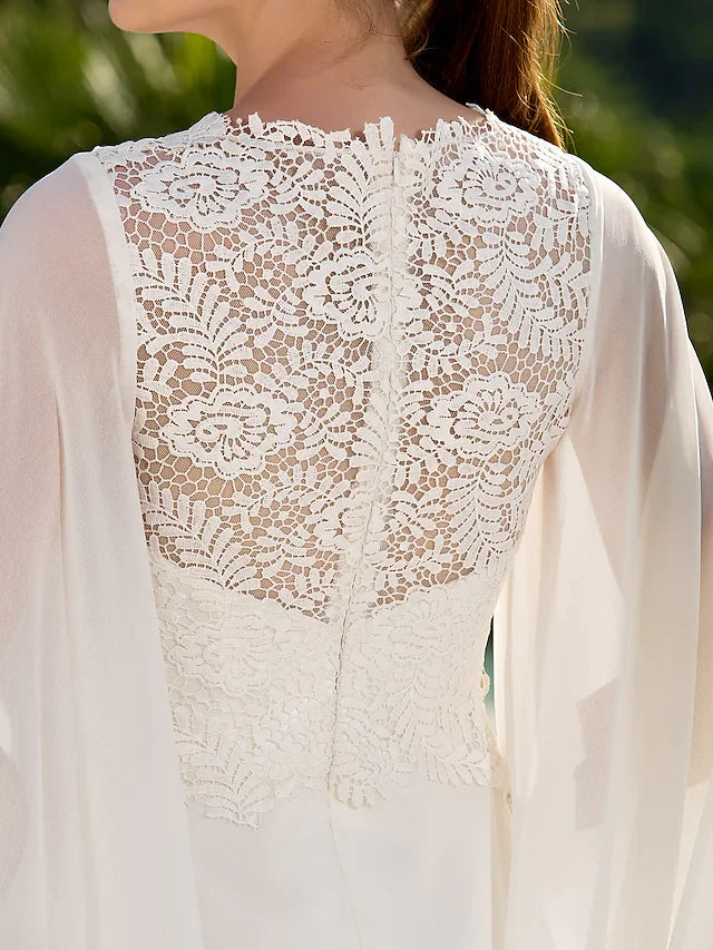 Wedding Dresses Jewel NeckLace Georgette Long Sleeve Beach Illusion Detail Backless with Lace