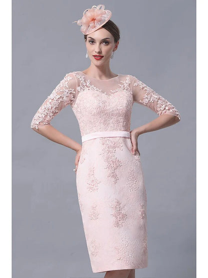 Mother of the Bride Dress Plus Size Elegant Vintage Bateau Neck Knee Length Chiffon Lace 3/4 Length Sleeve with Appliques