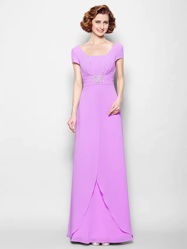 A-Line Mother of the Bride Dress Lace Up Square Neck Floor Length Georgette Short Sleeve with Ruched Beading