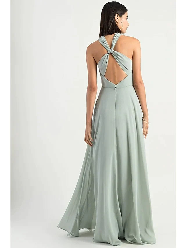 A-Line Halter Neck Floor Length Chiffon Bridesmaid Dress with Criss Cross