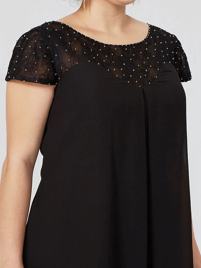 Mother of the Bride Dress Little Black Dress Plus Size See Through Jewel Neck Knee Length Chiffon Lace Short Sleeve with Pleats Beading Lace Insert