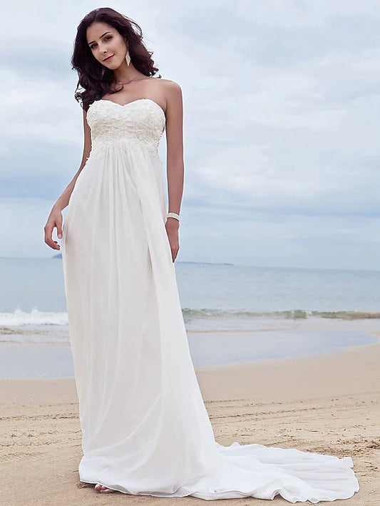 A-Line Wedding Dresses Sweetheart Neckline Court Train Chiffon Strapless Simple Beach Plus Size with Beading Appliques