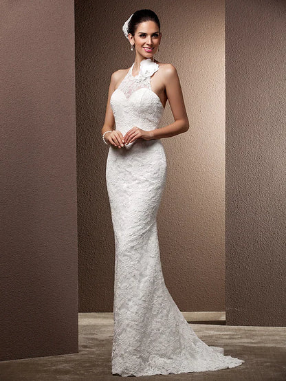 Wedding Dresses Halter Neck Lace Regular Straps Open Back with Beading Flower Button