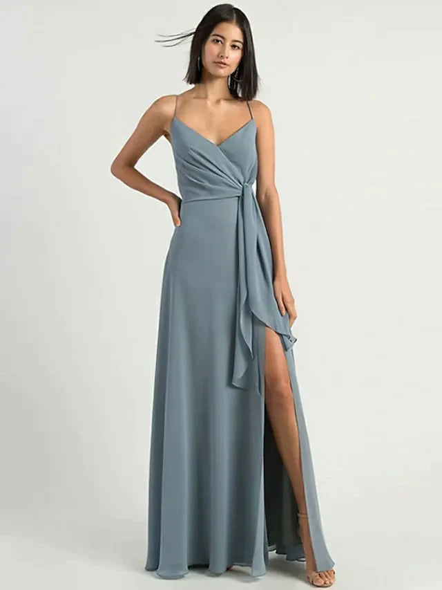 A-Line Spaghetti Strap Floor Length Chiffon Bridesmaid Dress with Split Front Open Back