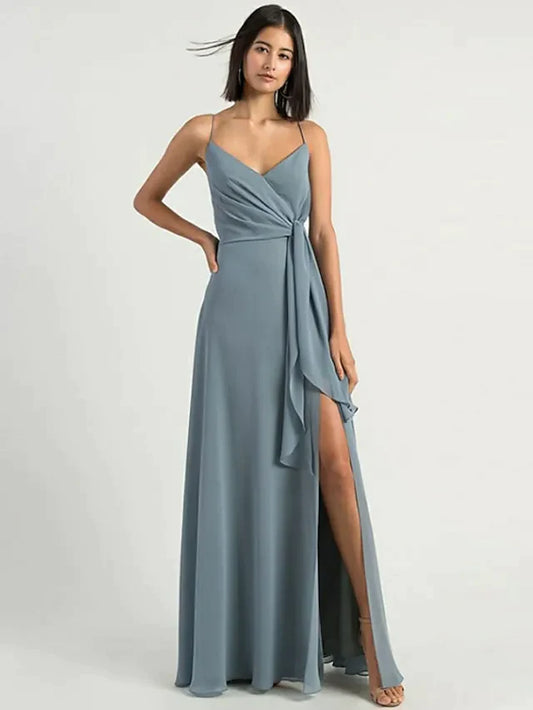 A-Line Spaghetti Strap Floor Length Chiffon Bridesmaid Dress with Split Front Open Back