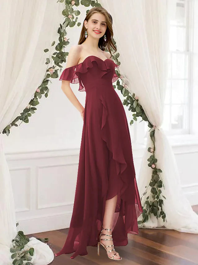 A-Line Off Shoulder Floor Length Chiffon Bridesmaid Dress with Pleats Ruffles Split Front