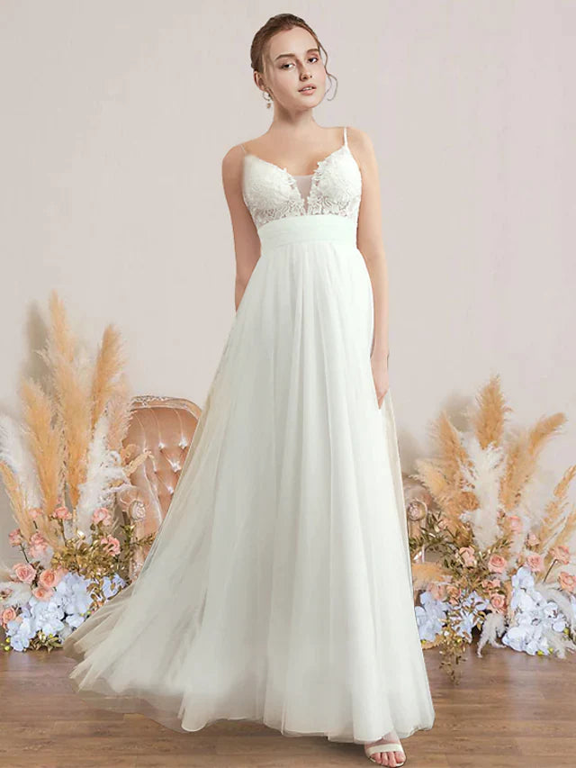 A-Line Wedding Dresses V Neck Spaghetti Strap Floor Length Chiffon Lace Sleeveless Romantic Sexy with Pleats Appliques