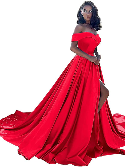 A-Line Minimalist Sexy Prom Formal Evening Dress Off Shoulder Sleeveless Chapel Train Satin with Split Front