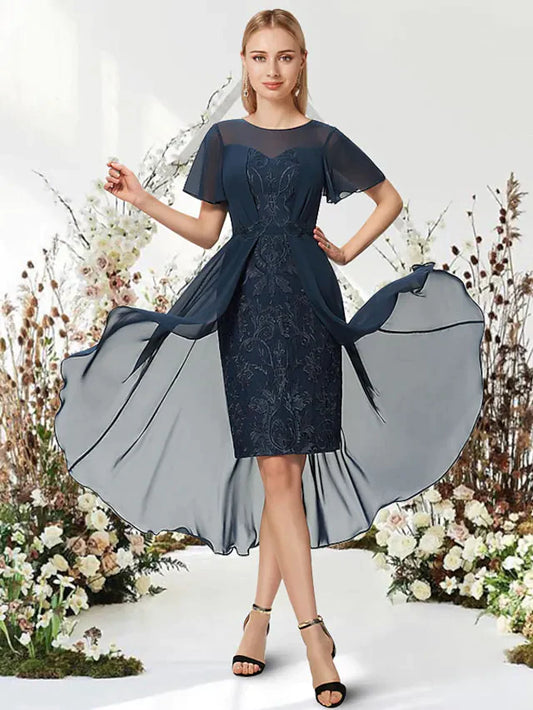 A-Line Empire Elegant Wedding Guest Engagement Dress Jewel Neck Short Sleeve Asymmetrical Knee Length Chiffon with Sleek