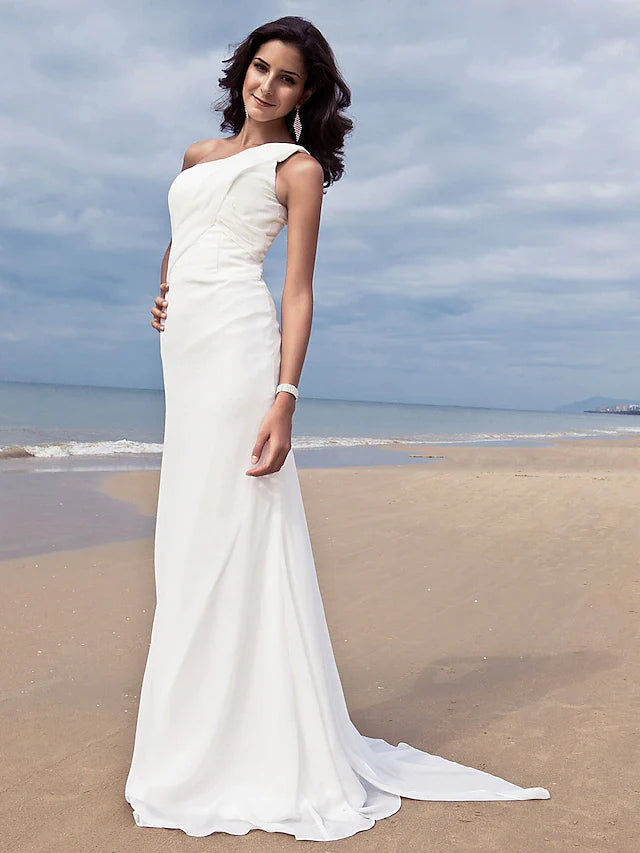 Wedding Dresses One Shoulder Chiffon Regular Straps Simple Plus Size with Side-Draped