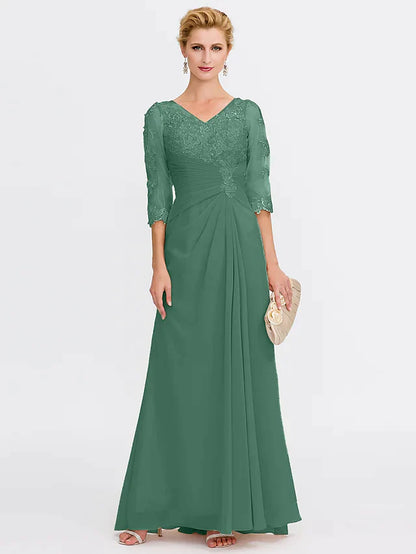 Mother of the Bride Dress Elegant See Through V Neck Floor Length Chiffon Sheer Lace Half Sleeve with Appliques Side Draping