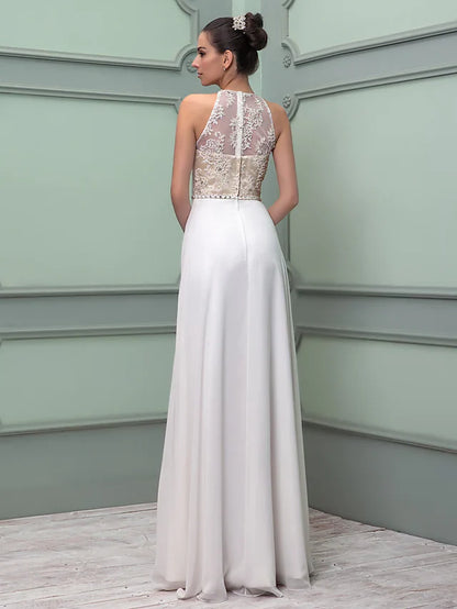 Wedding Dresses Jewel Neck Floor Length Chiffon Lace Regular Straps See-Through with Sash Ribbon Beading Split