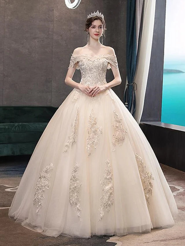 Princess Ball Gown Wedding Dresses Off Shoulder Floor Length Lace Tulle Sequined Short Sleeve Formal Romantic Luxurious Sparkle & Shine with Pleats Appliques