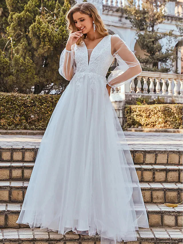 A-Line Wedding Dresses V Neck Floor Length Lace Tulle Sleeveless Romantic with Pleats