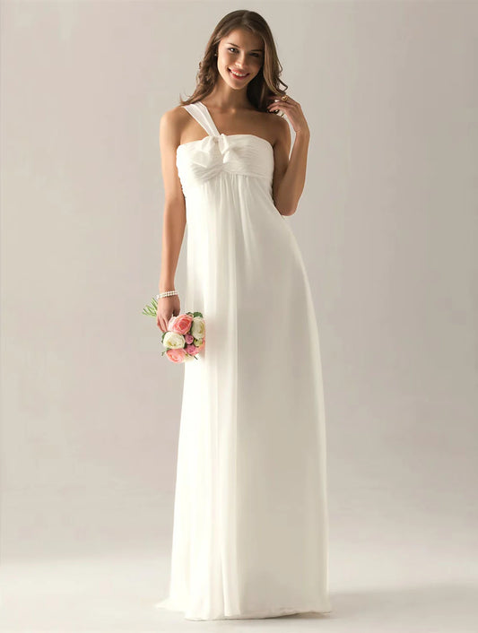 Sheath / Column Bridesmaid Dress One Shoulder Sleeveless Elegant Floor Length Chiffon with Bow(s) / Pleats / Ruched