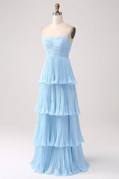 Sky Blue A-line Sweetheart Tier Chiffon Bridesmaid Dress