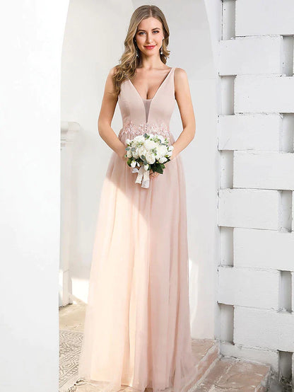 A-Line Plunging Neck Floor Length Tulle Bridesmaid Dress with Appliques