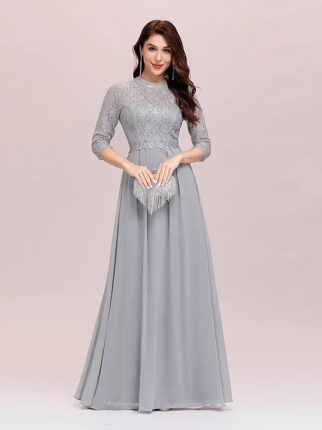 A-Line Mother of the Bride Dress Plus Size Elegant Jewel Neck Floor Length Chiffon Lace Length Sleeve with Lace