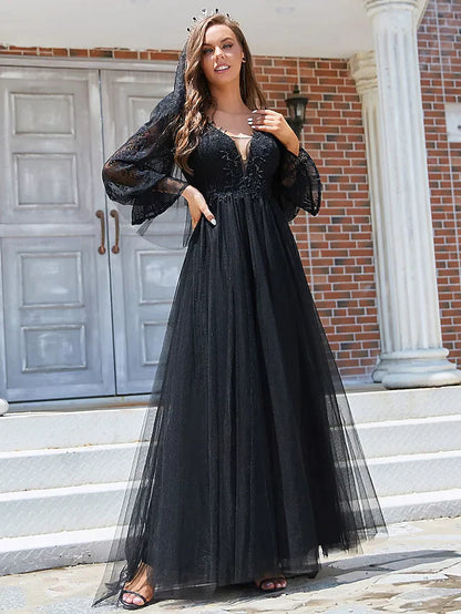 A-Line Wedding Dresses V Neck Floor Length Lace Tulle Long Sleeve Romantic Sexy Black with Pleats Draping