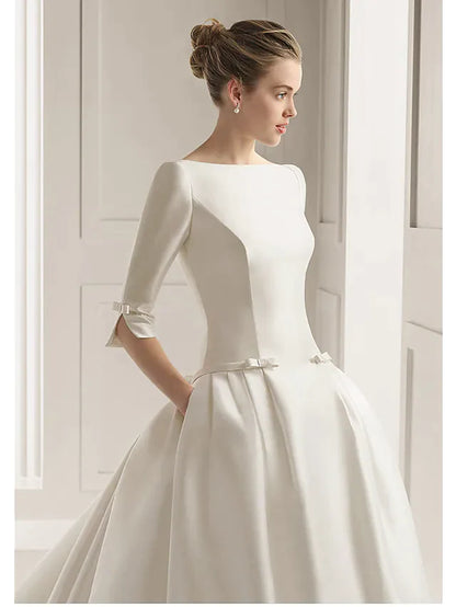 A-Line Wedding Dresses Bateau Neck Court Train Polyester Half Sleeve Sexy Plus Size