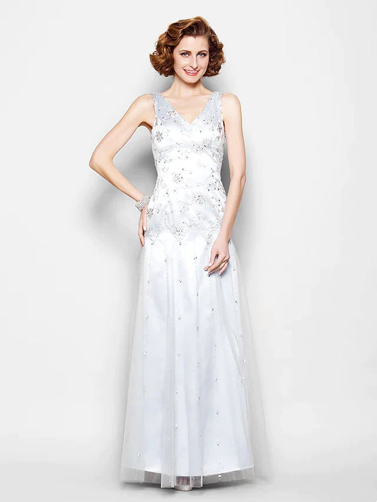 Mother of the Bride Dress Sparkle & Shine V Neck Floor Length Lace Tulle Sleeveless with Lace Beading