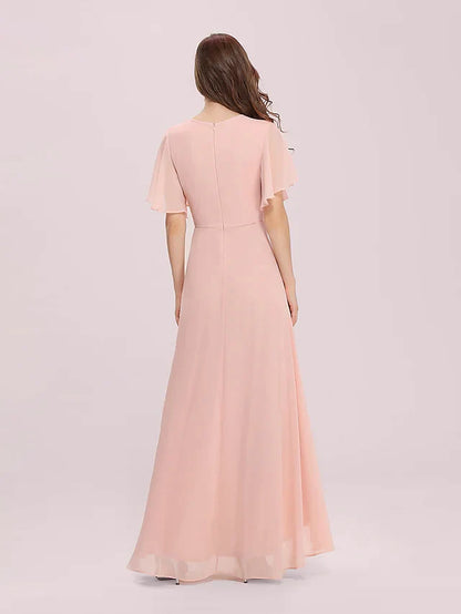 A-Line Jewel Neck Asymmetrical Chiffon Bridesmaid Dress with High Low