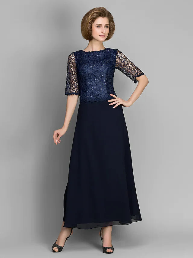 Mother of the Bride Dress See Through Jewel Neck Ankle Length Chiffon Half Sleeve with Lace Pleats