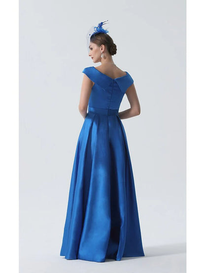 A-Line Mother of the Bride Dress Elegant Off Shoulder Asymmetrical Satin Short Sleeve with Pleats