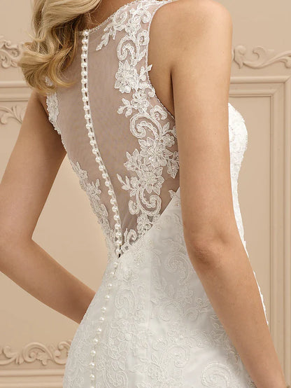 Wedding Dresses Bateau Neck All Over Lace Regular Straps Sexy Illusion Detail Backless with Beading Appliques