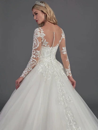 Ball Gown Wedding Dresses Illusion Neck Chapel Train Lace Tulle Long Sleeve Glamorous See-Through Illusion Detail with Buttons Appliques