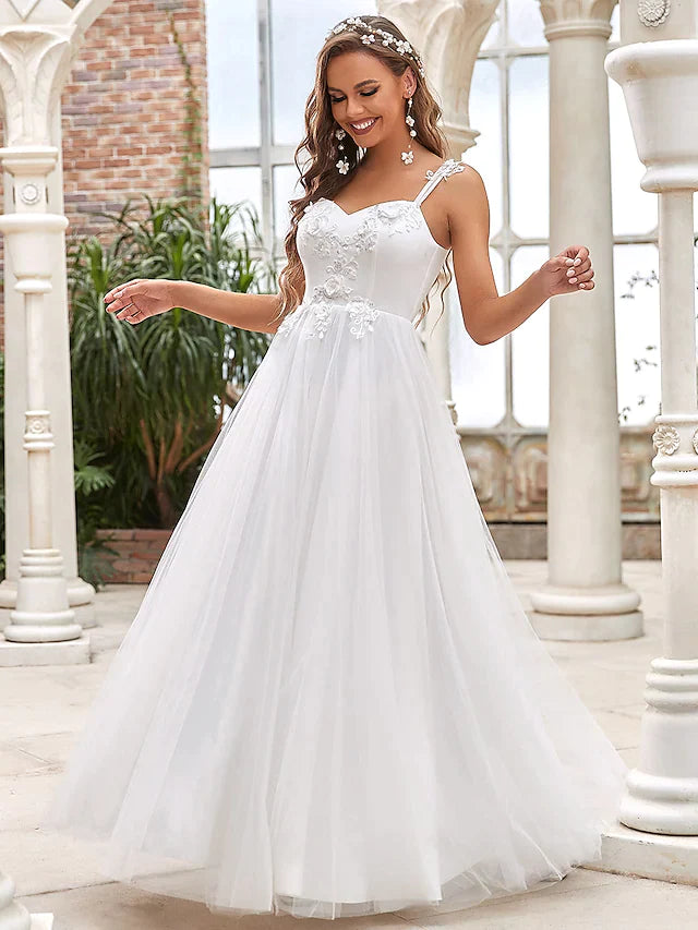 A-Line Wedding Dresses Sweetheart Neckline Floor Length Lace Tulle Sleeveless Romantic Simple with Lace Draping Appliques