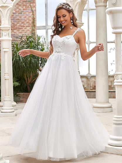 A-Line Wedding Dresses Sweetheart Neckline Floor Length Lace Tulle Sleeveless Romantic Simple with Lace Draping Appliques