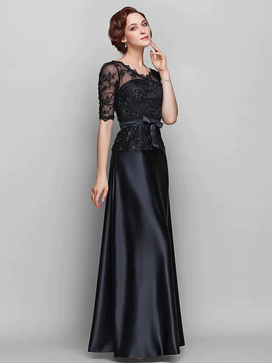 A-Line Mother of the Bride Dress See Through V Neck Floor Length Lace Satin Half Sleeve with Lace Bow(s) Beading