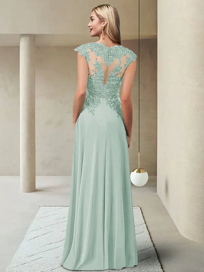 Mother of the Bride Dress Elegant Jewel Neck Floor Length Chiffon Lace Short Sleeve with Pleats Appliques