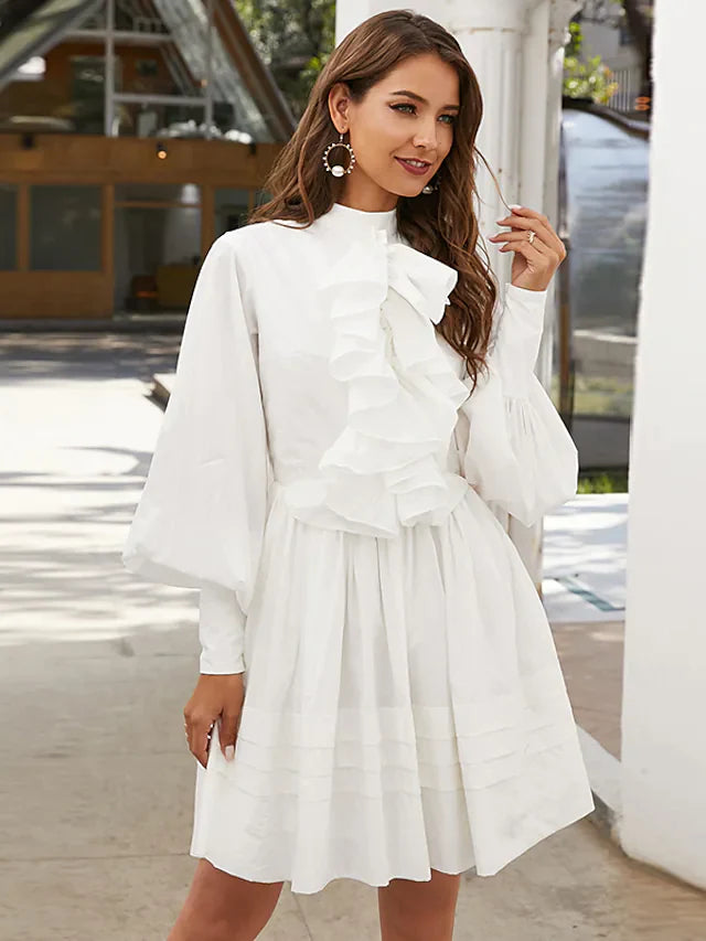 A-Line Elegant Vintage Party Wear Wedding Guest Valentine's Day Dress High Neck Long Sleeve Short Mini Cotton with Ruffles