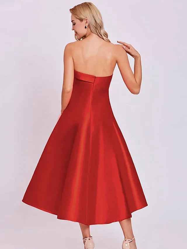 A-Line Minimalist Sexy Engagement Cocktail Party Dress Strapless Sleeveless Tea Length Satin with Sleek