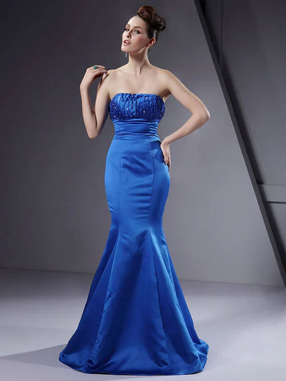 Strapless Floor Length Satin Bridesmaid Dress with Beading Draping