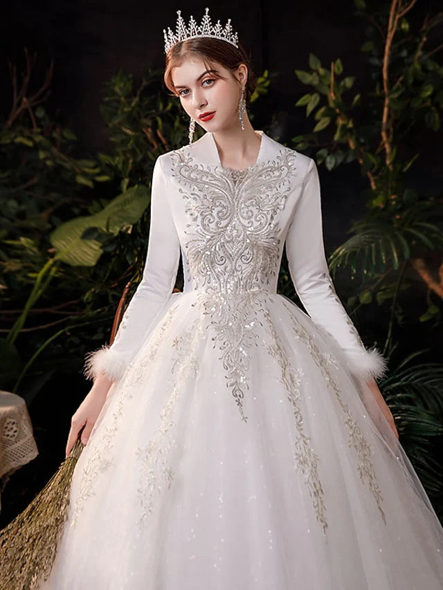 Princess Ball Gown Wedding Dresses V Neck Floor Length Lace Tulle Long Sleeve Romantic Sparkle & Shine with Appliques