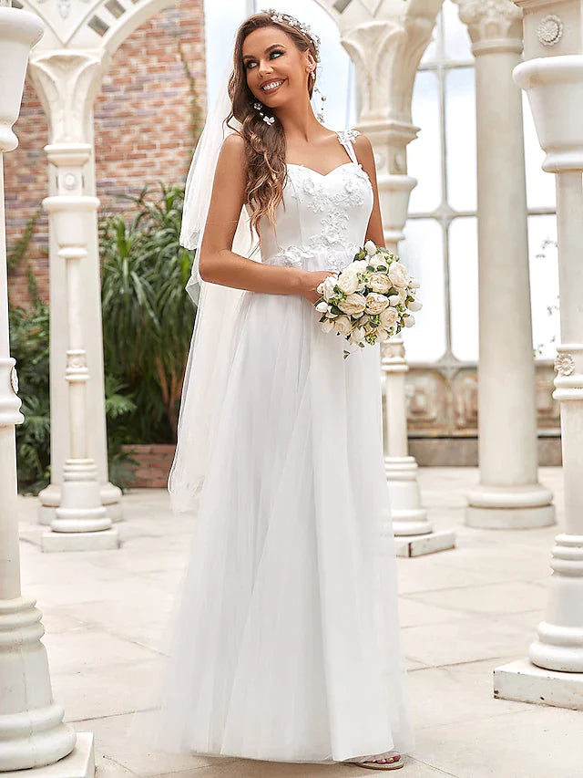 A-Line Wedding Dresses Sweetheart Neckline Floor Length Lace Tulle Sleeveless Romantic Simple with Lace Draping Appliques