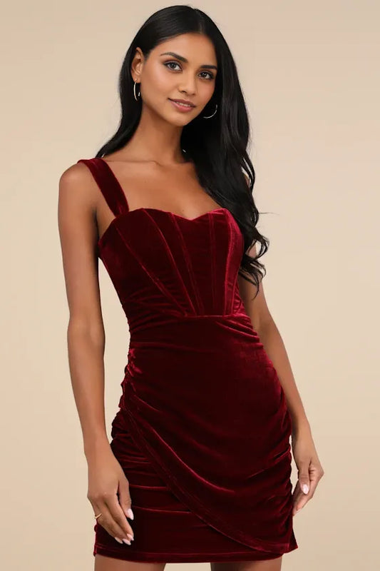 Quyihu Prom Dress In Store Opulent Mood Burgundy Velvet Bustier Mini Dress Formal Women's Dresses