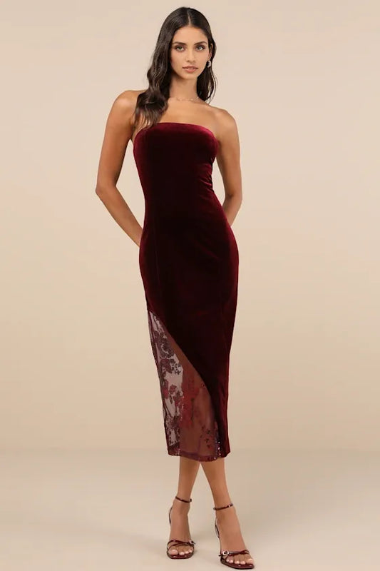 Quyihu Prom Dress In Store So Luxe Burgundy Velvet Mesh Sequin Strapless Midi Dress Formal Women's Dresses