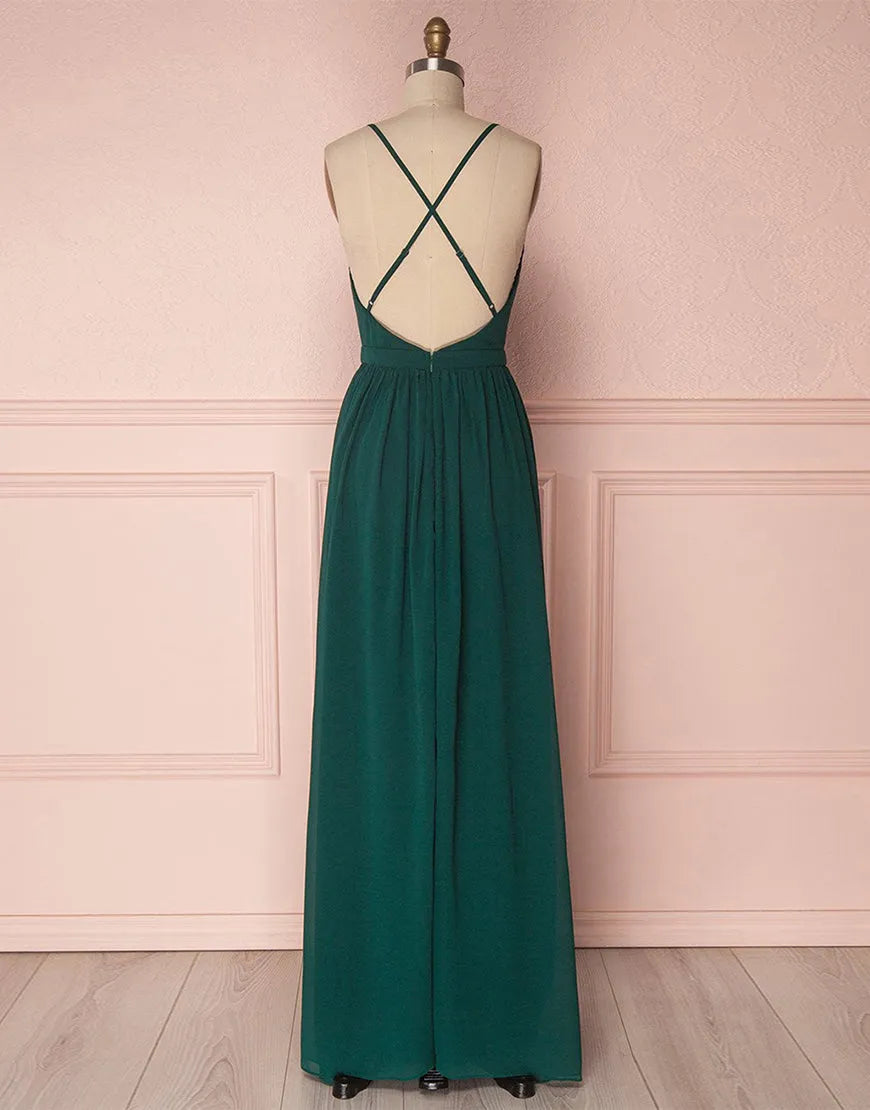 A-Line Deep V-Neck Spaghetti Straps Criss-Cross Back Chiffon Bridesmaid Dress