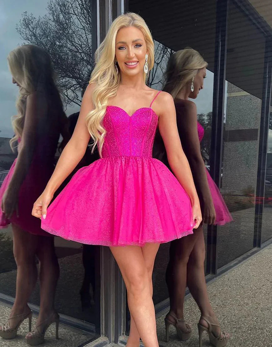 Hot Pink Glitter Cute Homecoming Dress with Beading