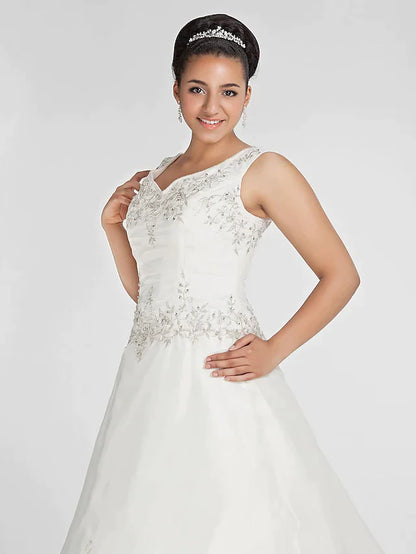 Ball Gown Wedding Dresses V Neck Court Train Organza Beaded Lace Regular Straps Formal Plus Size with Beading Embroidery