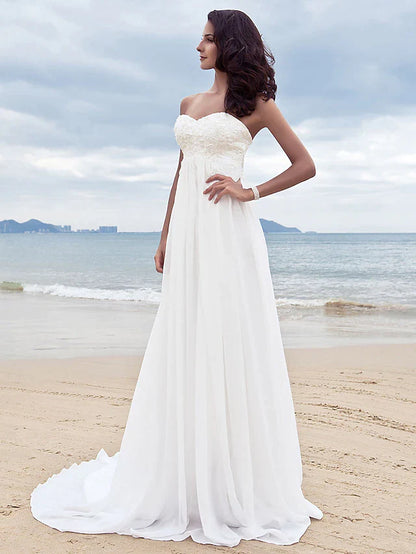 A-Line Wedding Dresses Sweetheart Neckline Court Train Chiffon Strapless Simple Beach Plus Size with Beading Appliques