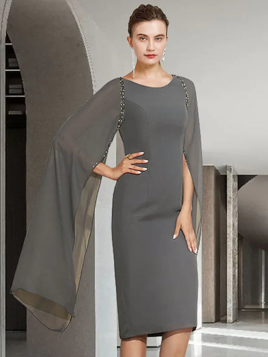 Mother of the Bride Dress Elegant Jewel Neck Knee Length Chiffon Long Sleeve with Beading